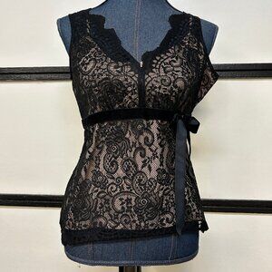 Ann Taylor LOFT Black Lace Cami Top w/Beige Lining  & Velour Bow, Size 0